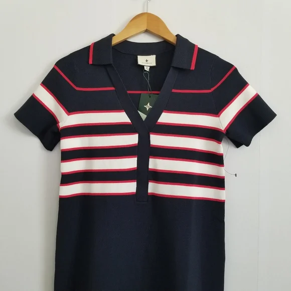 Tuckernuck Navy and Brown Striped V-Neck Mini Dress - Picture 3 of 9